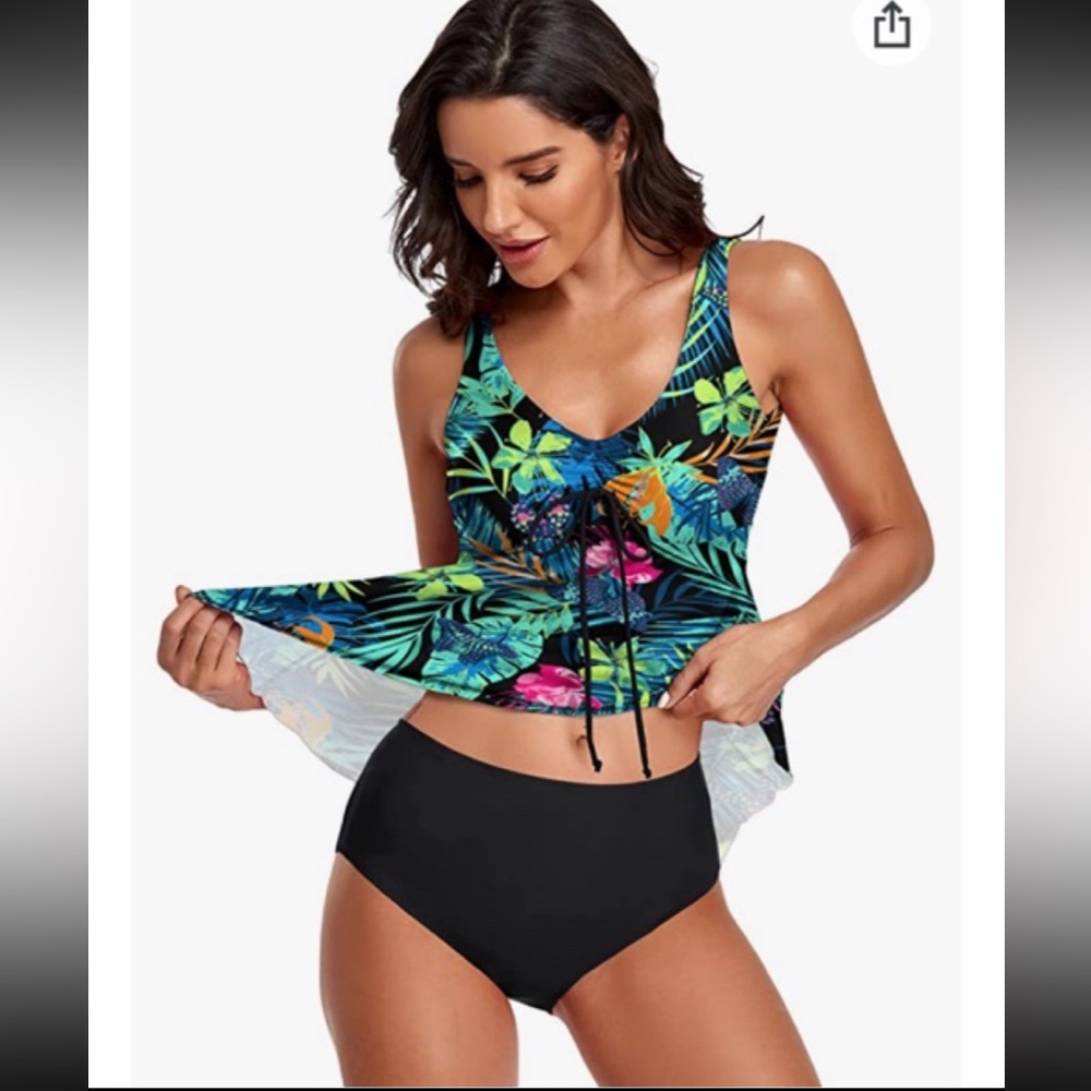 Tummy Control Tankini Bathing Suits for Women Two Piece Modest Blouson Tankini